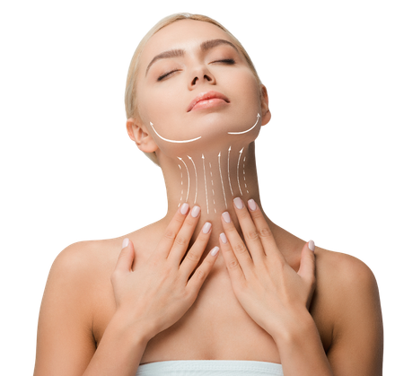 Femme aux yeux fermés avec des flèches blanches sur le visage et le cou.