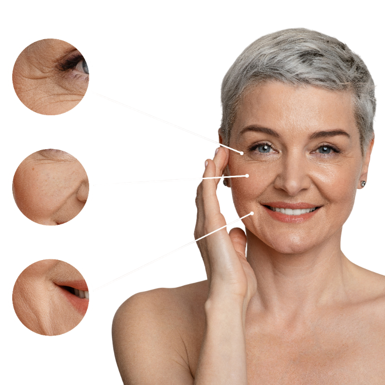 Femme souriante, se touchant le visage, gros plans sur les rides du visage.