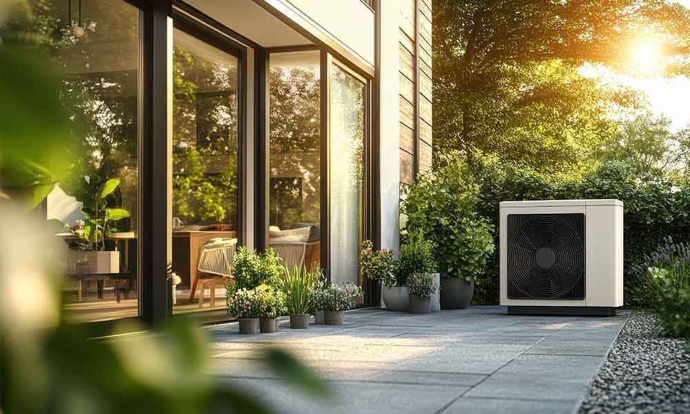 Sonnige Terrasse mit Topfpflanzen neben einem modernen Haus und einer Außenklimaanlage