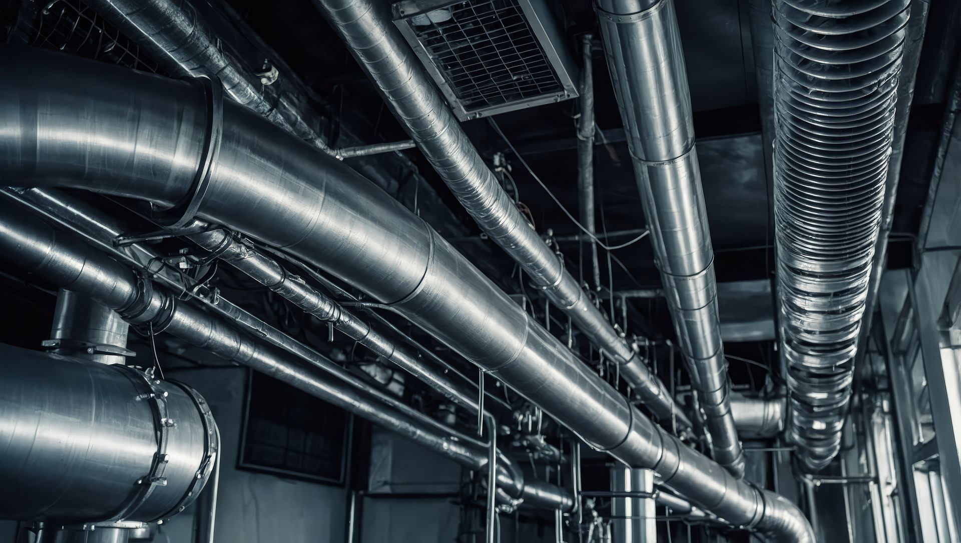 Tuyaux et conduits métalliques au plafond, environnement industriel.