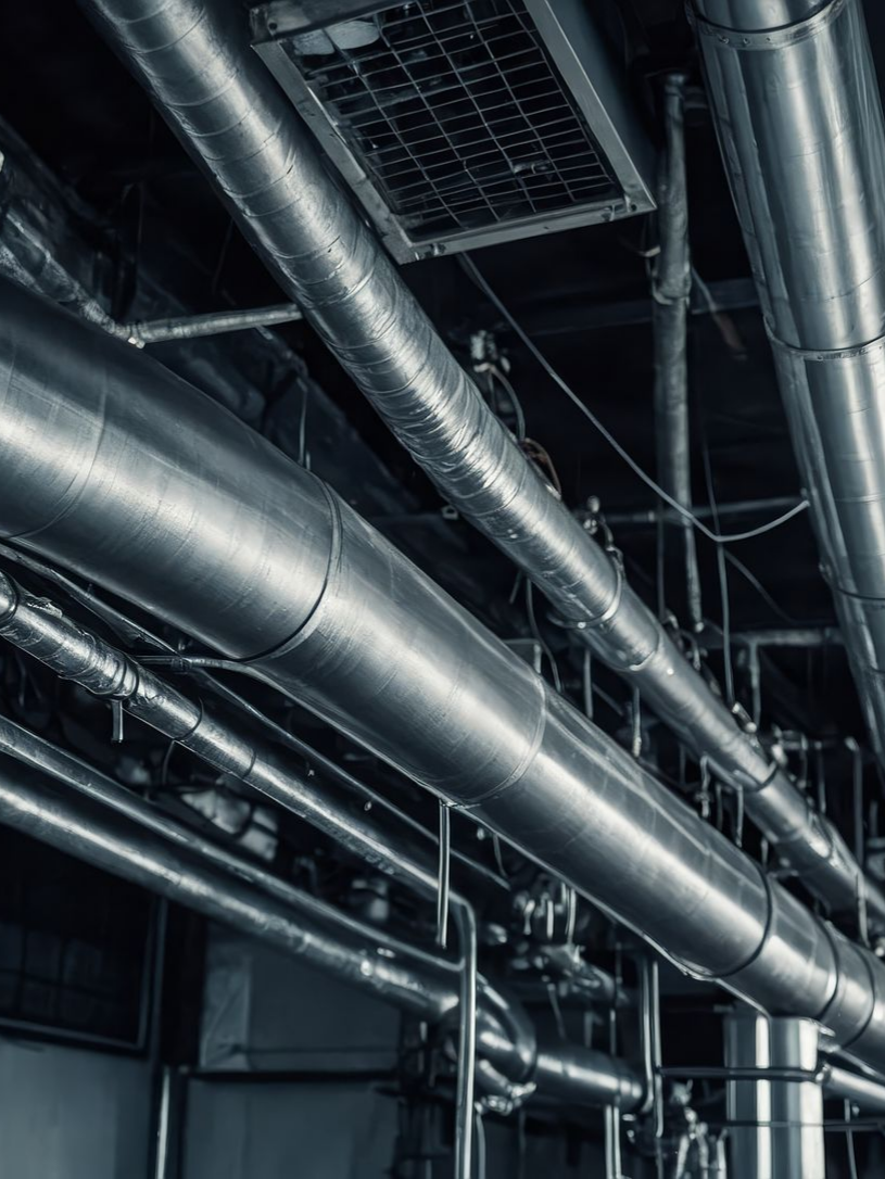 Tuyaux industriels traversant un plafond, vus d'en bas.