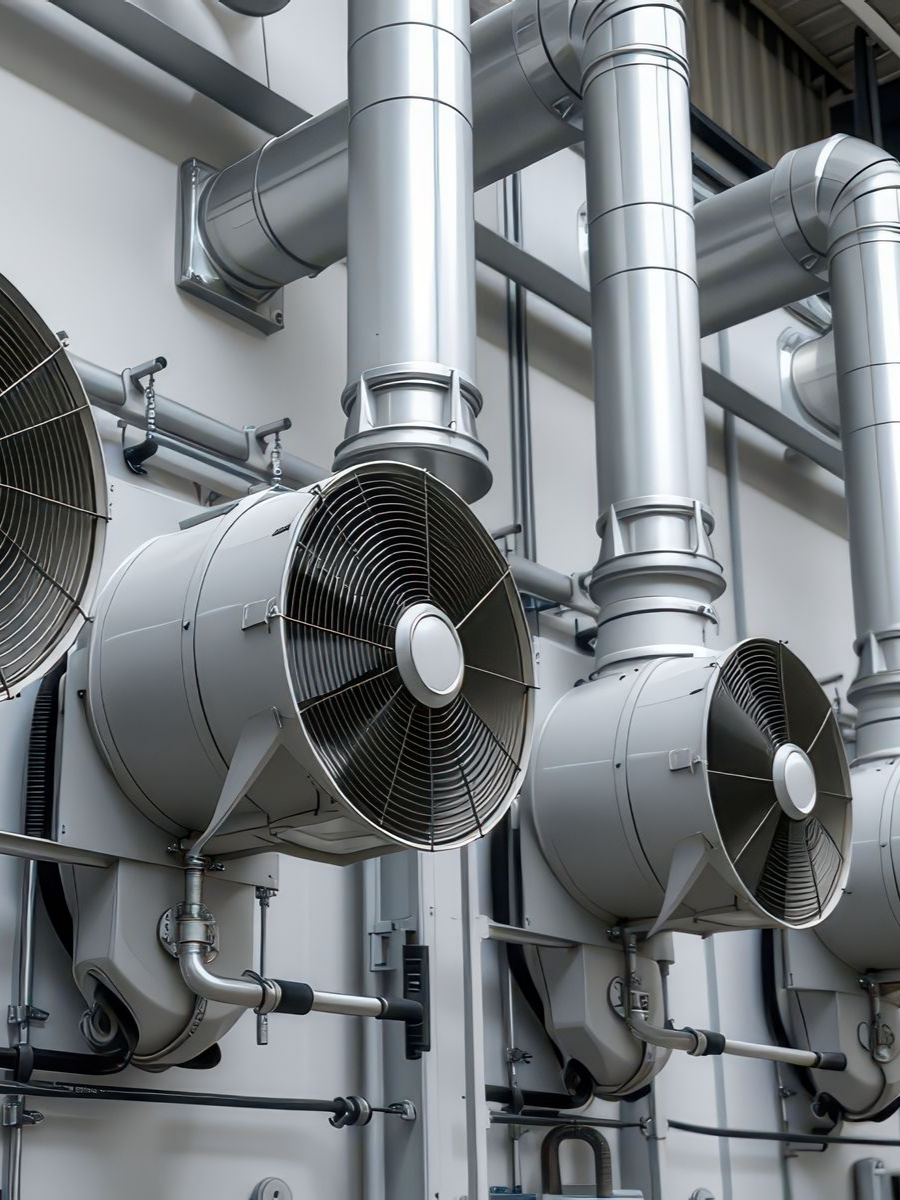Ventilateurs industriels, métalliques, montés sur mur blanc avec tuyaux argentés.