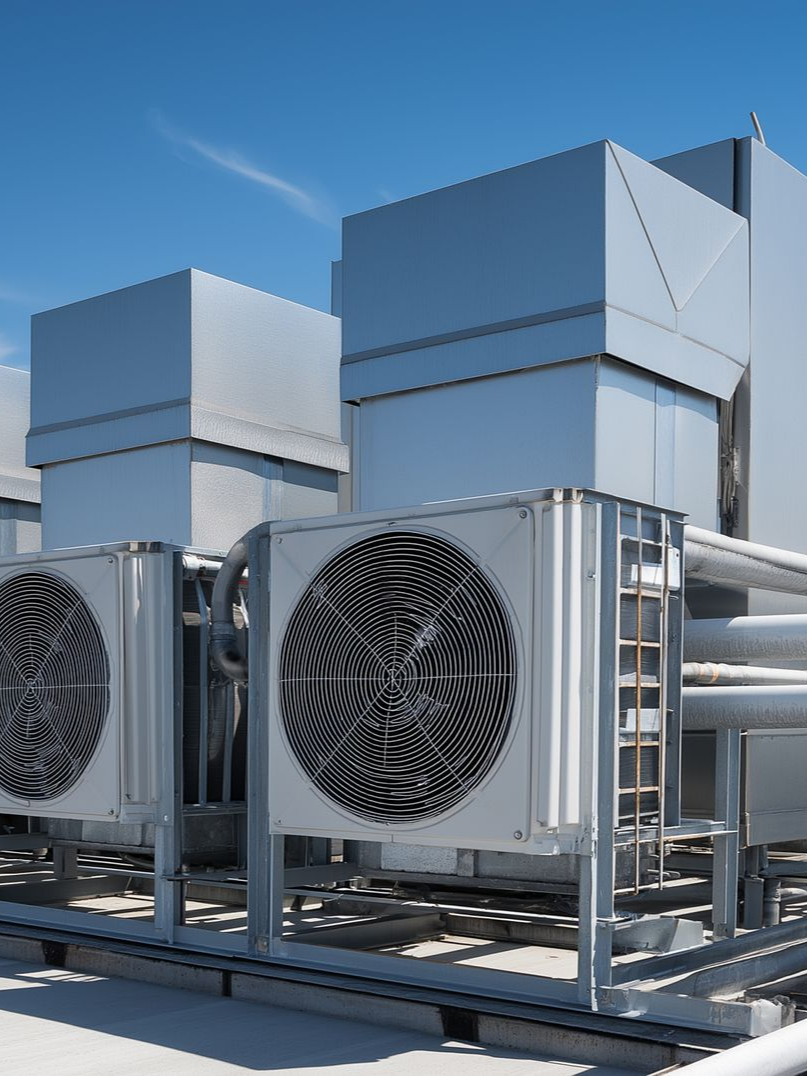 Unités de climatisation et grandes boîtes métalliques sur le toit d'un immeuble, contre un ciel bleu.