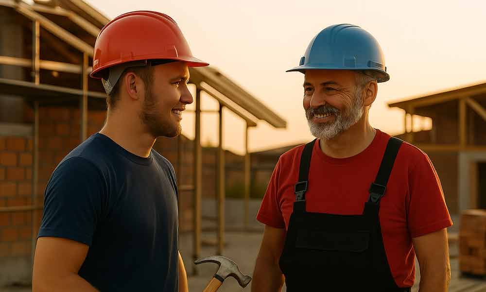 Zwei Bauarbeiter unterhalten sich auf einer Baustelle miteinander.