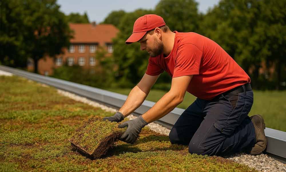 Ein Mann kniet nieder und pflanzt Gras auf einem Dach.