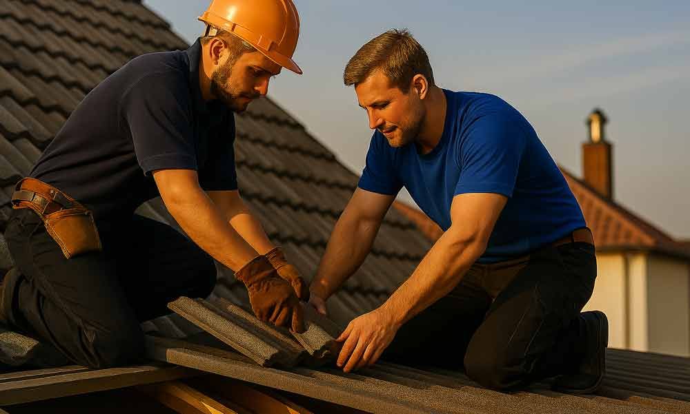 Zwei Männer arbeiten auf dem Dach eines Hauses.