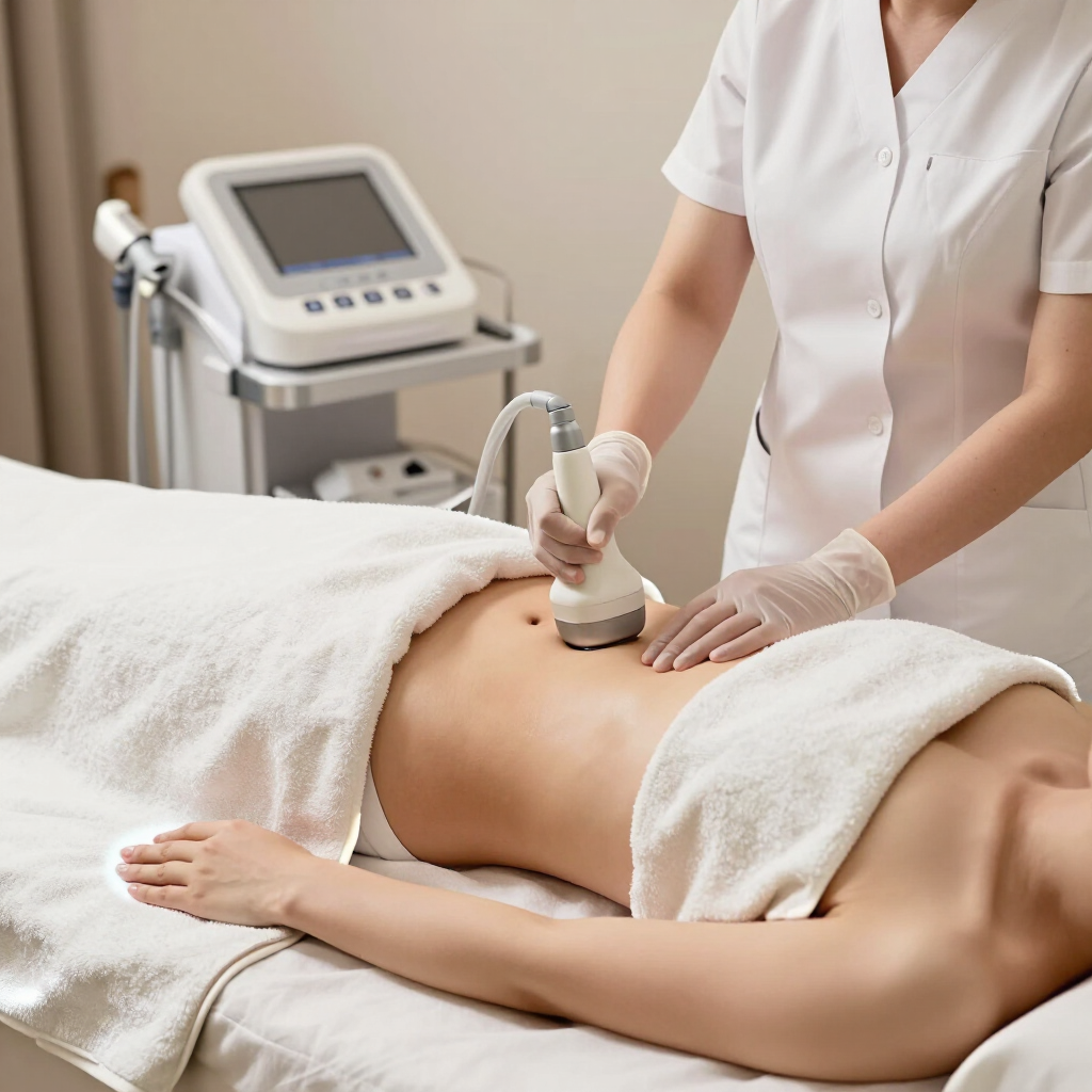 Terapeuta de spa utilizando un dispositivo portátil en el abdomen desnudo de un cliente durante una sesión de tratamiento