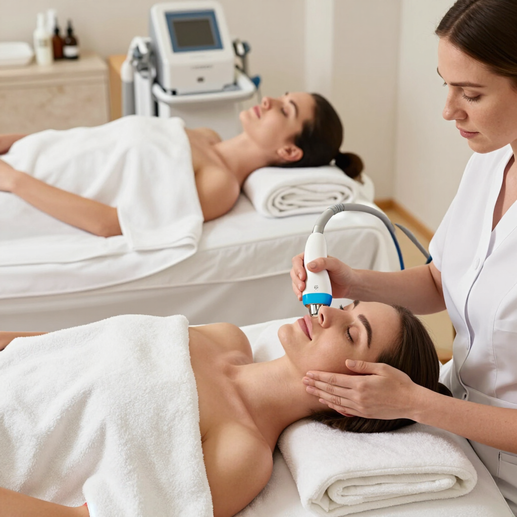 Terapeuta de spa aplicando un tratamiento facial a una clienta recostada en una sala de tratamiento tranquila