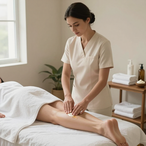 Masajista trabajando en la pierna de un cliente en una luminosa sala de spa