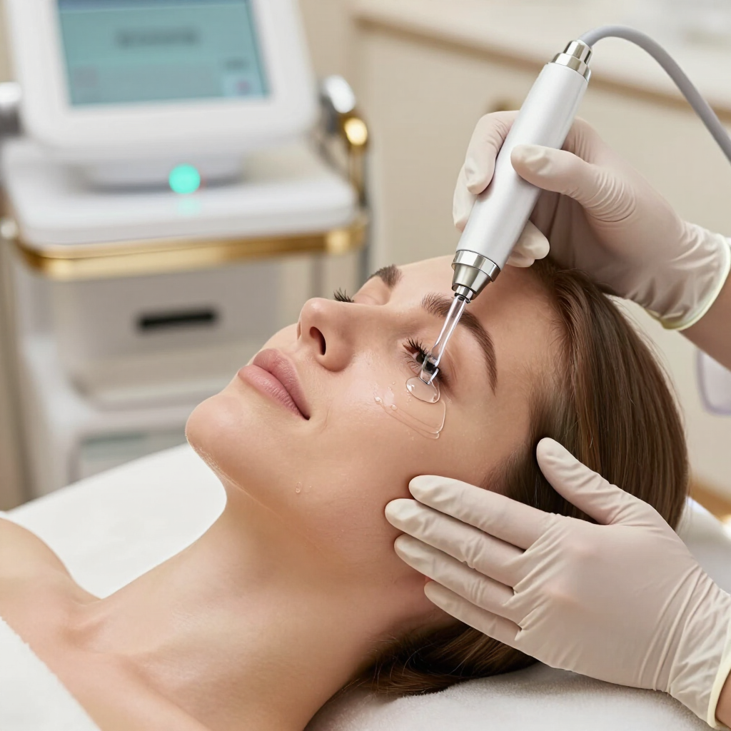 Esteticista usando un dispositivo facial de mano cerca del ojo de una mujer en una sala de tratamientos de spa