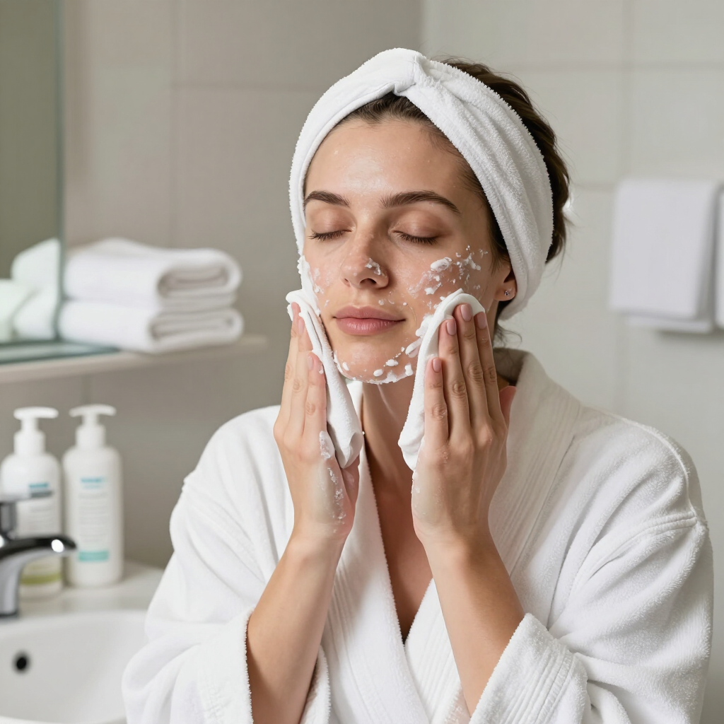 Mujer con bata blanca limpiándose el rostro con un producto espumoso para el cuidado de la piel en un baño luminoso