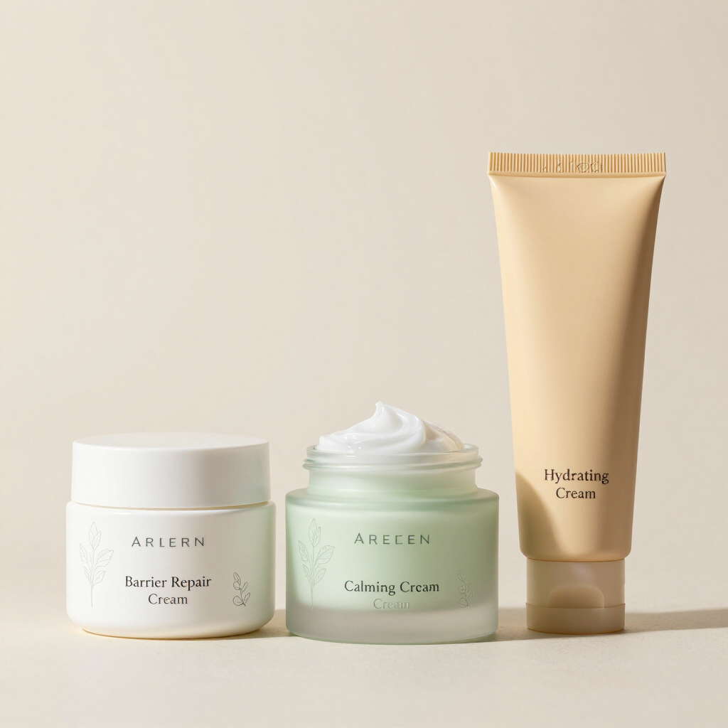 Tres envases de productos para el cuidado de la piel sobre un fondo beige: un tarro blanco, un tarro de crema verde y un tubo dorado