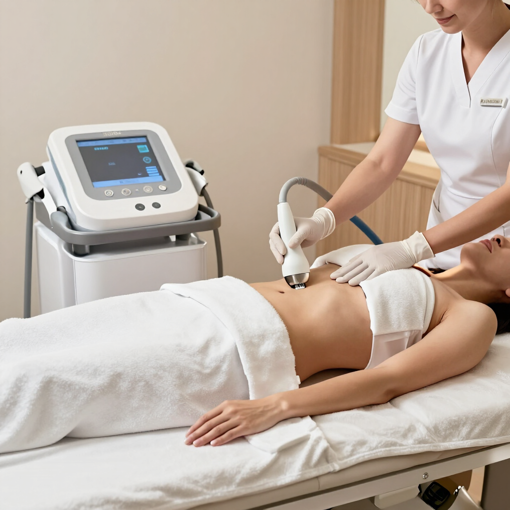 Terapeuta de spa usando un dispositivo manual en el abdomen de un cliente en una sala de tratamientos