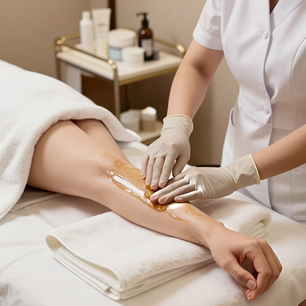 Terapeuta de spa aplicando cera en la pierna de un cliente sobre una camilla de tratamiento