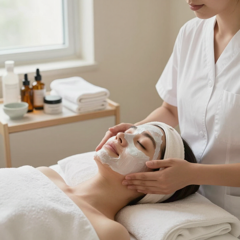 Tratamiento facial en un spa, con una terapeuta aplicando crema a una clienta en una sala luminosa