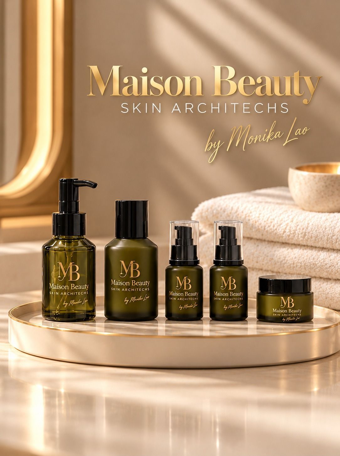 Set de cuidado facial Maison Beauty con frascos y tarros color ámbar sobre una bandeja de mármol, en un ambiente de spa en tonos beige suaves