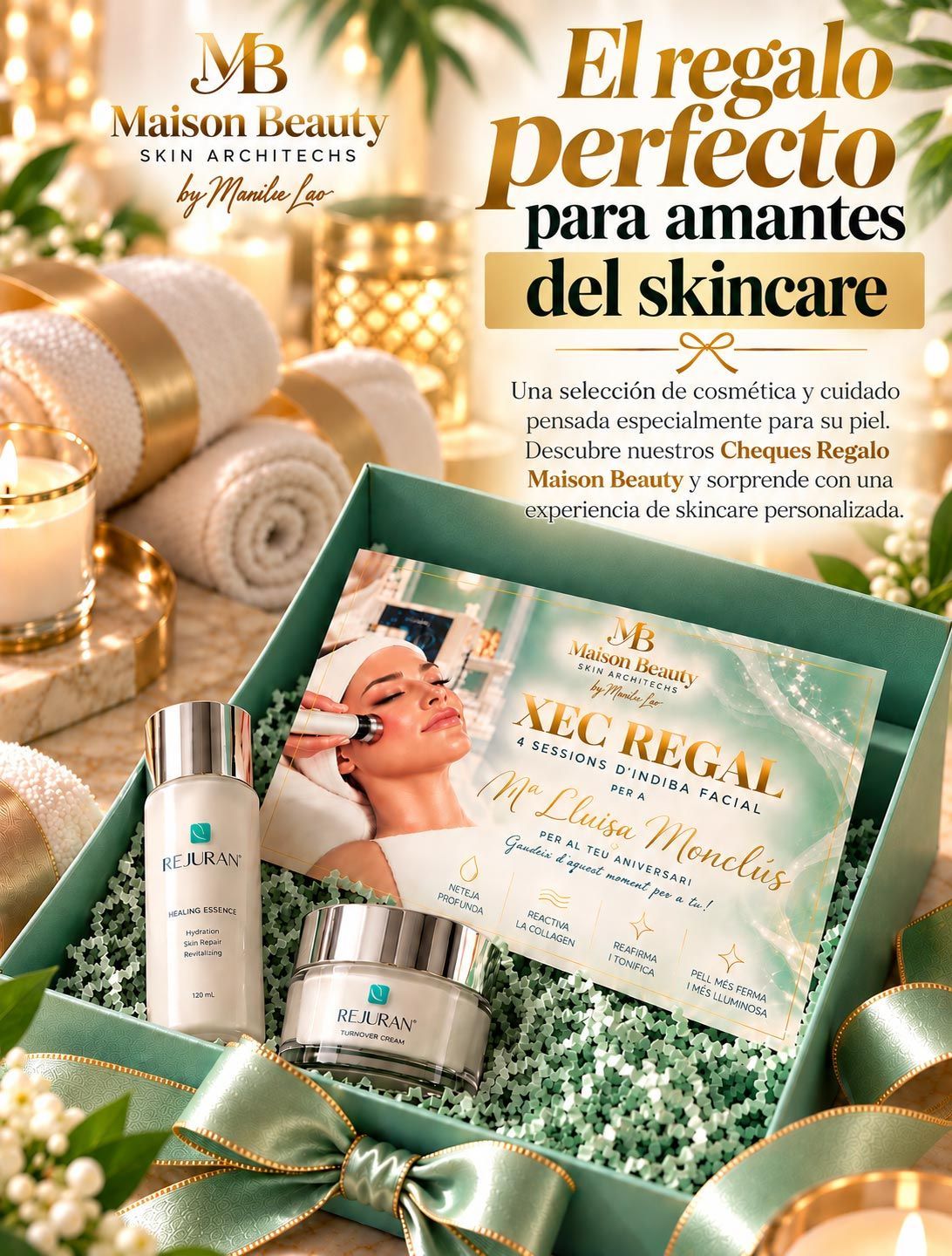 Regalo navideño de cuidado de la piel de Maison Beauty en una caja verde con productos, una toalla, velas y un moño dorado
