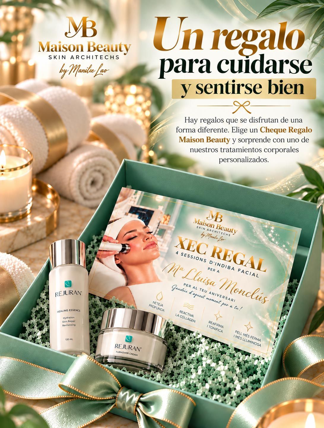 Caja de regalo con productos para el cuidado de la piel, cinta verde y detalles dorados, que promociona un set de regalo para el autocuidado en español