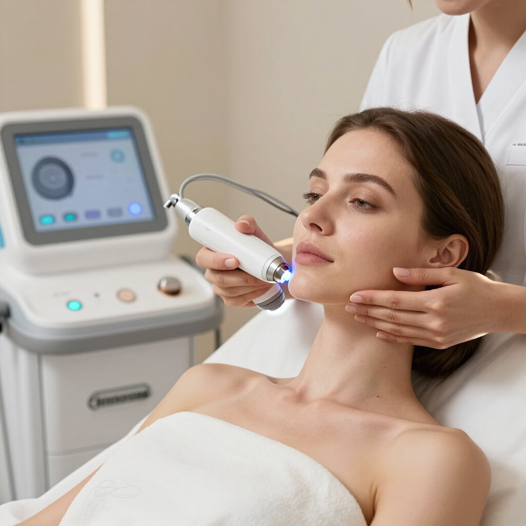 Tratamiento facial en una clínica de spa con un dispositivo aplicado a una mujer recostada en una camilla de tratamiento