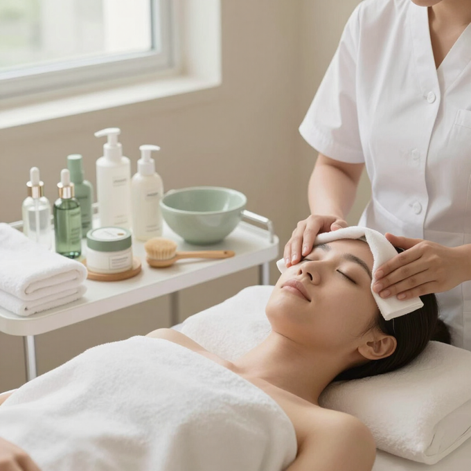 Tratamiento facial en un spa, con una mujer recibiendo un masaje en la frente junto a productos para el cuidado de la piel