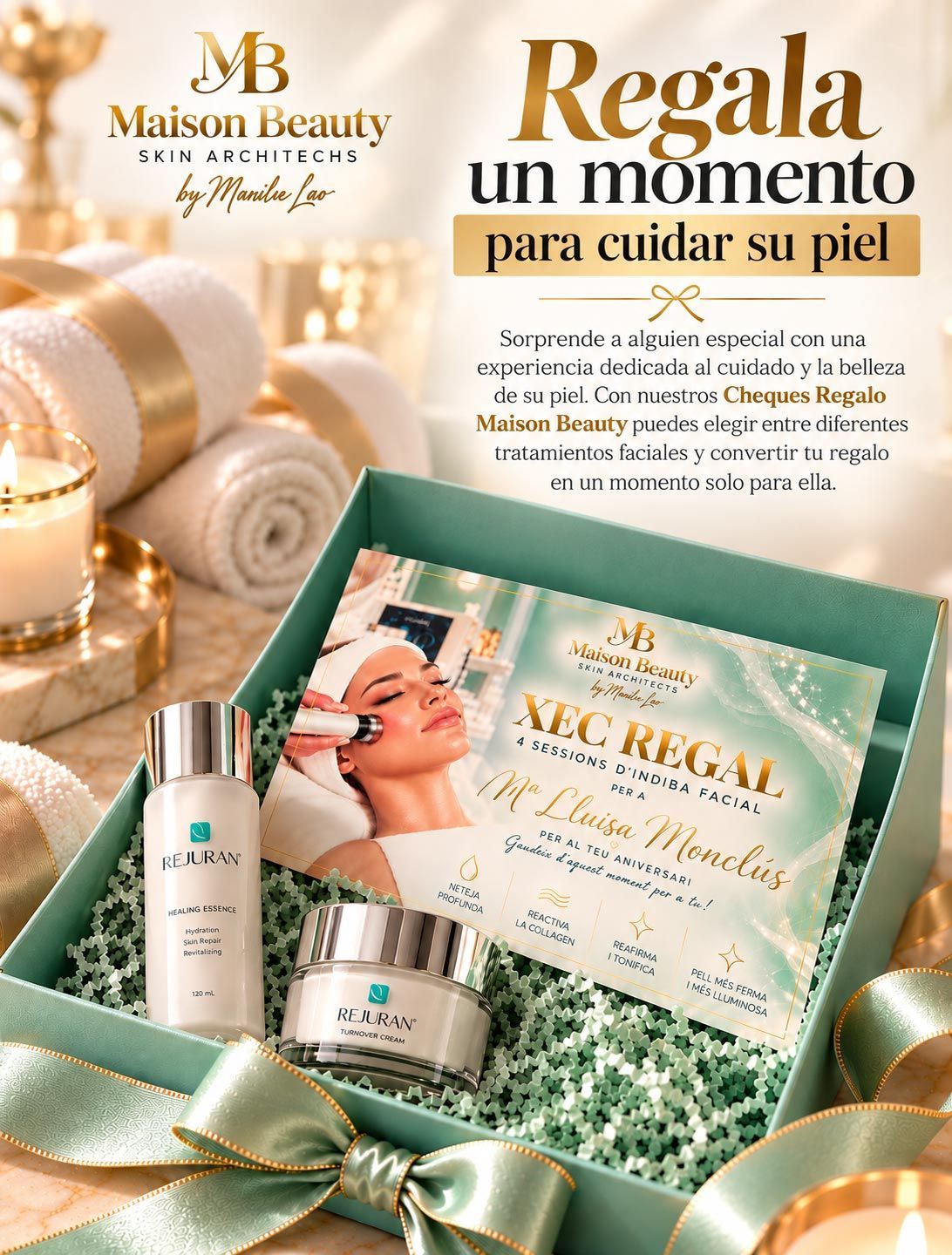 Set de regalo en verde menta y dorado para un ritual de spa, con vela, tarros y productos corporales en una presentación festiva