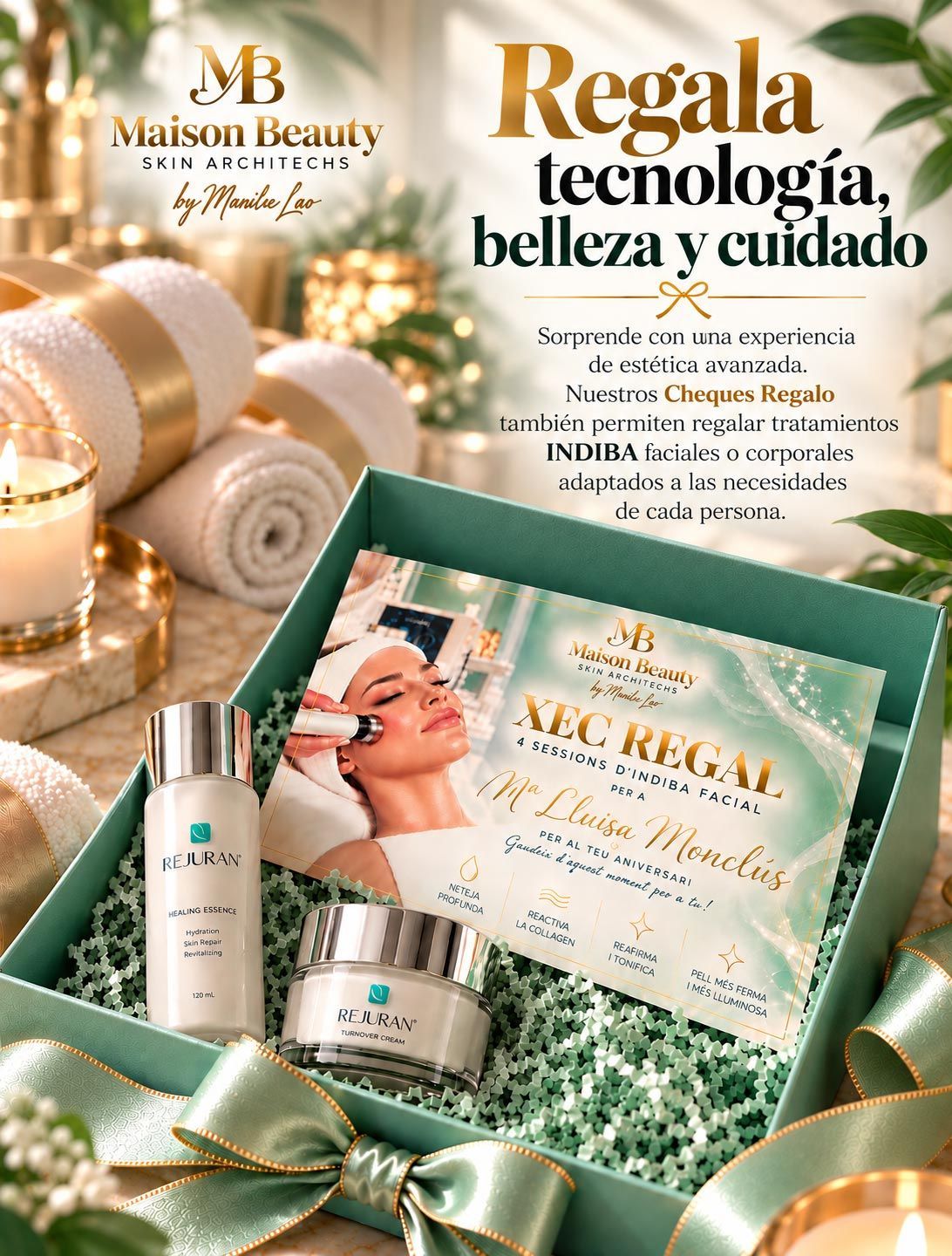 Regalo de spa en tonos verdes y dorados con productos de belleza y tarjeta promocional