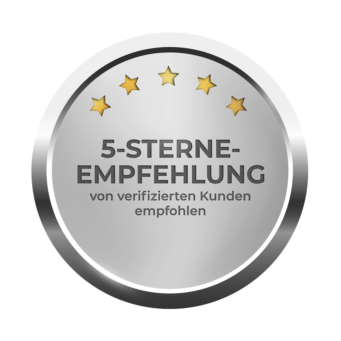 5-Sterne-Empfehlung Siegel mit goldenen Sternen und dem Text „von verifizierten Kunden empfohlen“