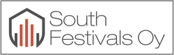 South Festivals Oy:n logo harmaalla kilvellä ja oranssilla pylväsdiagrammikuvakkeella, musta teksti valkoisella taustalla
