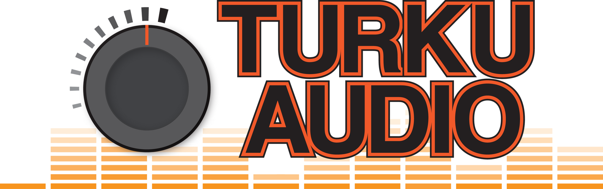 TURKU AUDIO -logo, jossa on harmaa kaiutinkuvake ja oranssinmusta teksti oranssien taajuuskorjainpalkkien yläpuolella