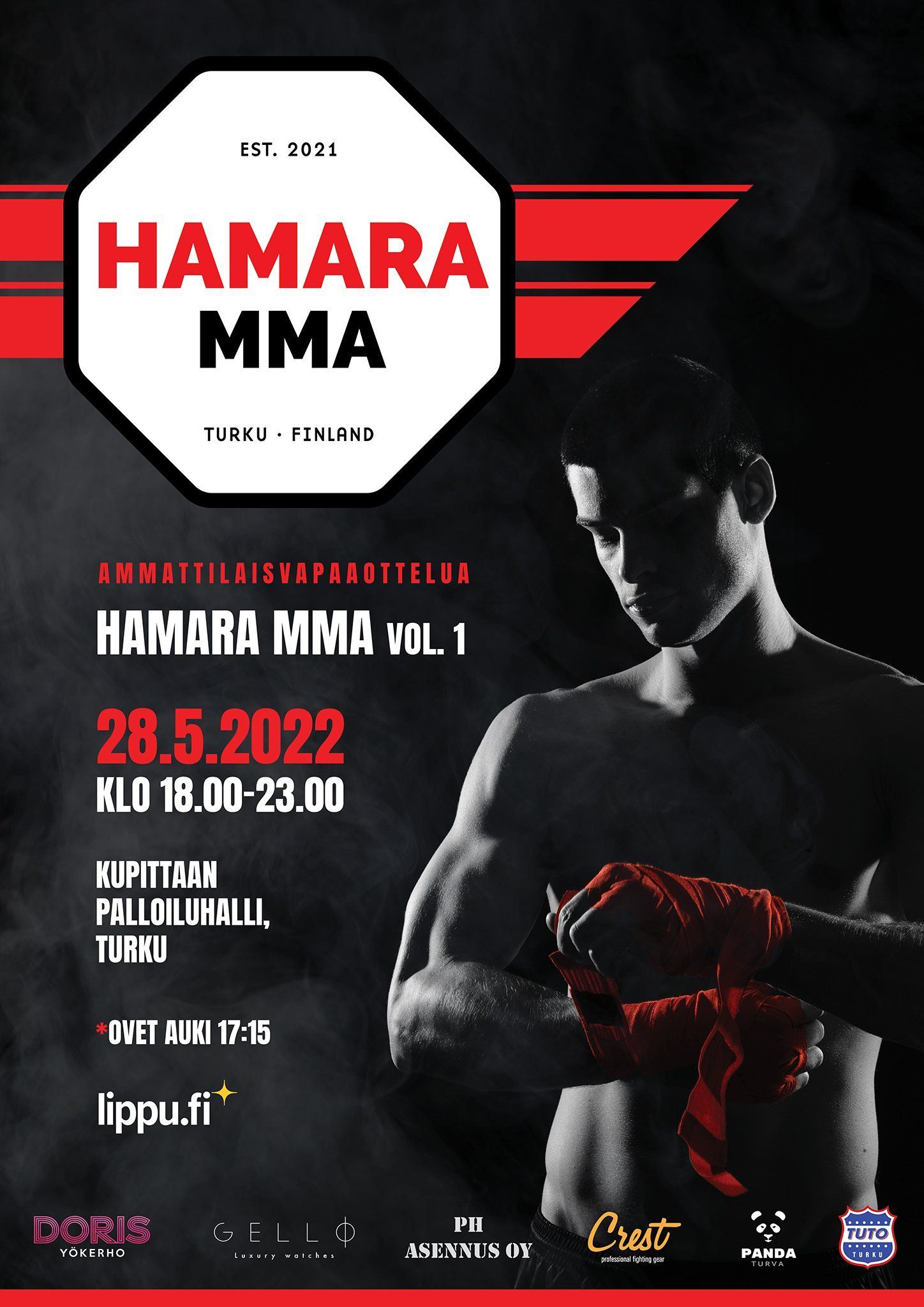 HAMARA MMA -tapahtumajuliste, jossa on puna-mustia grafiikoita, taistelijan siluetti ja päivämäärä 28. toukokuuta 2022.