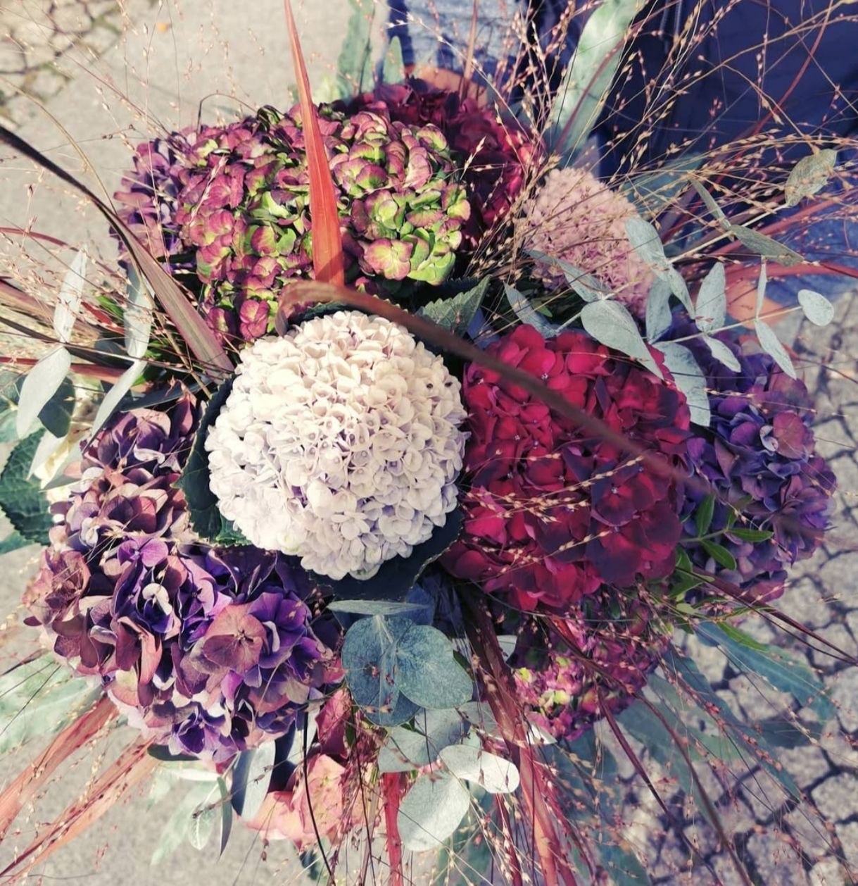 Nahaufnahme eines farbenfrohen Trockenblumenarrangements mit lila, weißen, roten und grünen Blüten.
