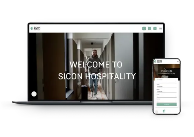 Auf einem Laptop und einem Mobiltelefon wird eine Website für Sicon Hospitality angezeigt.