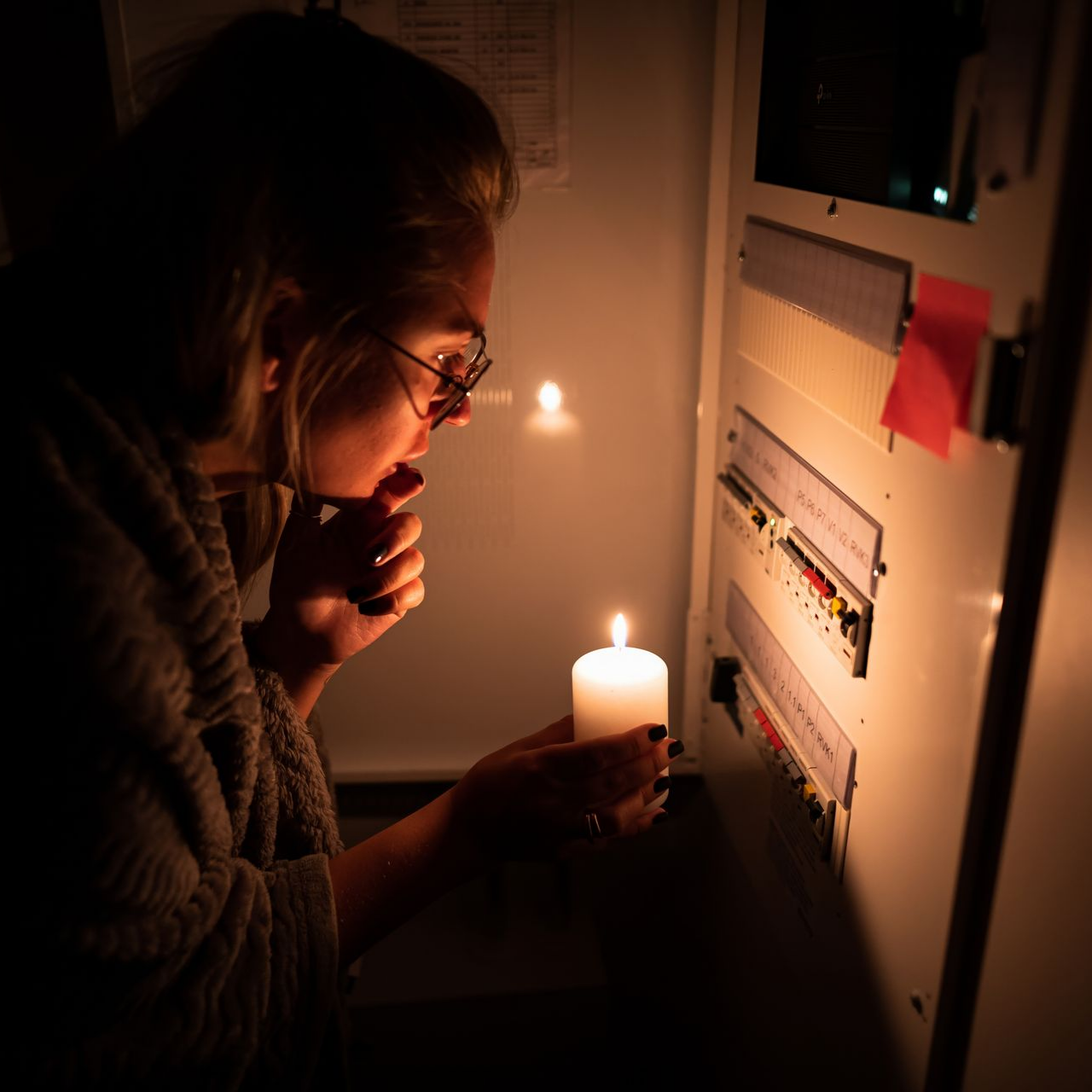Une femme examine un tableau électrique à l'aide d'une bougie allumée pendant une panne de courant.