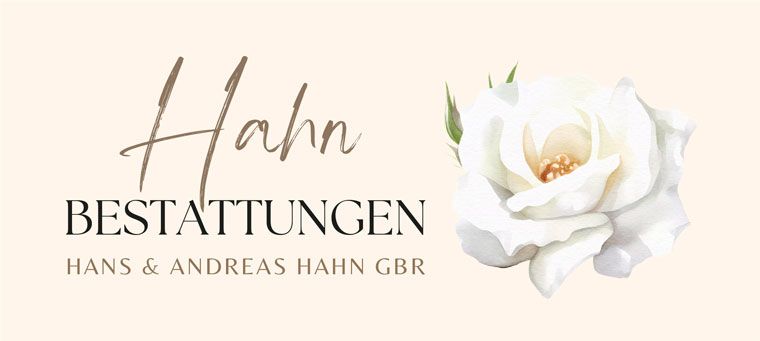 Logo für Hahn Bestattungen mit einer weißen Rose auf beigem Hintergrund, Text „Hans & Andreas Hahn GbR“