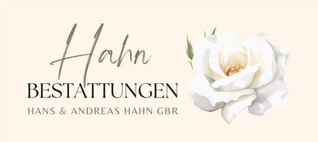 Logo für Hahn Bestattungen mit einer weißen Rose auf beigem Hintergrund, Text „Hans & Andreas Hahn GbR“