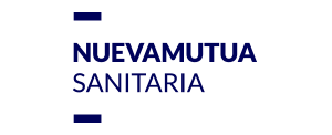 Logotipo para Nuevamutua Sanitaria, texto azul marino sobre fondo blanco.