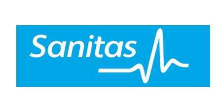 Logotipo de Sanitas: texto blanco sobre fondo azul, línea de ECG blanca, proveedor de seguro médico.