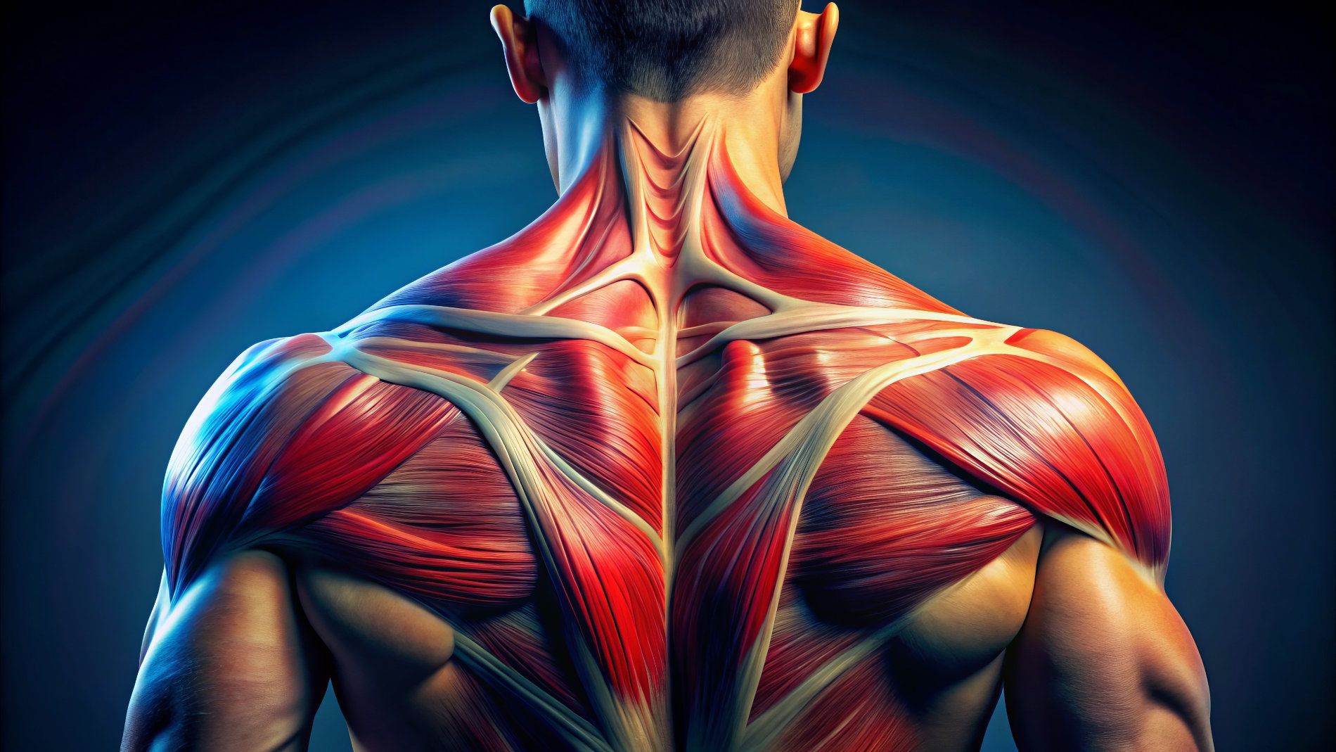 Eine Nahaufnahme des Rückens eines Mannes mit sichtbaren Muskeln.