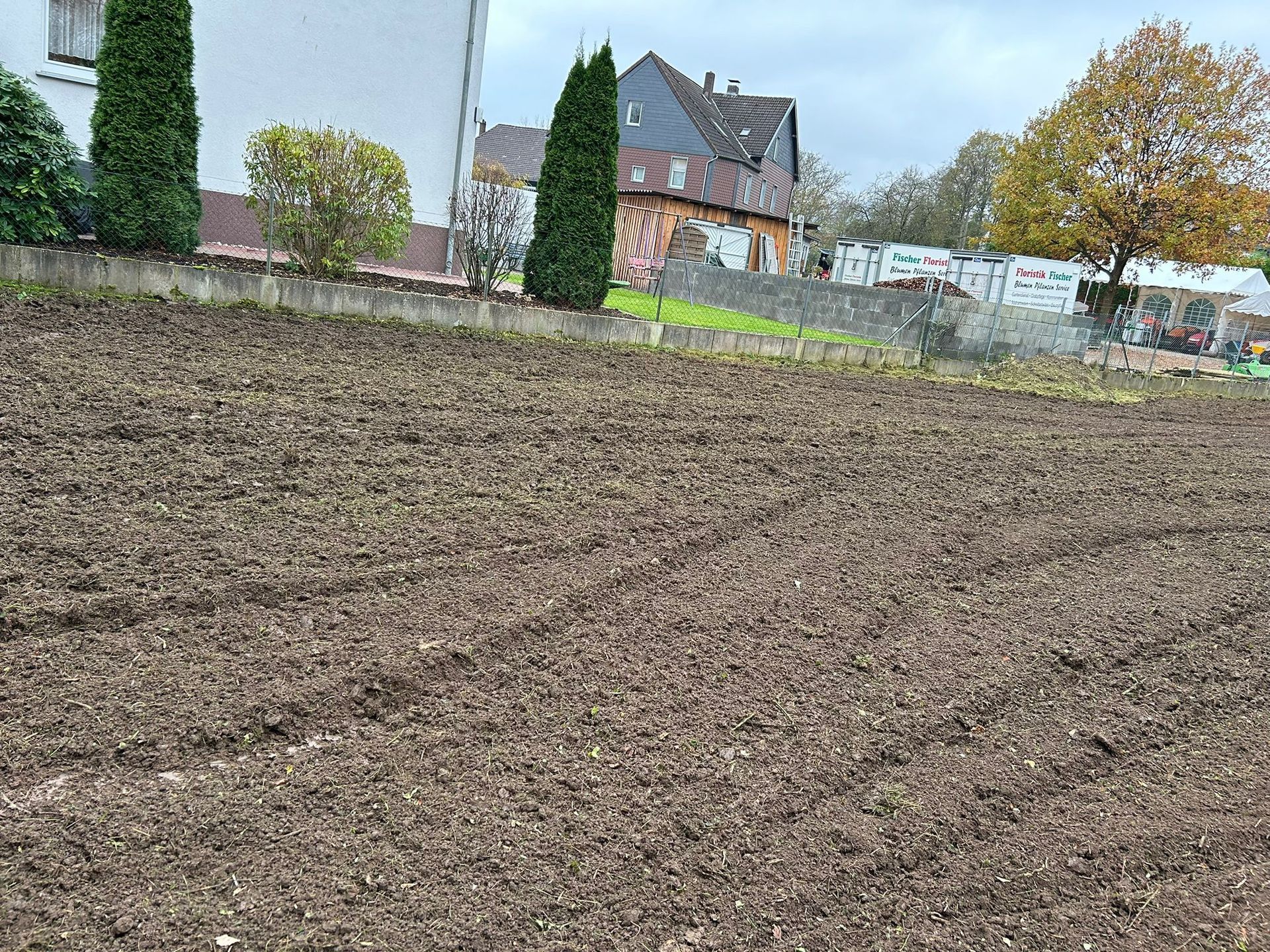 Ein großes Feld mit einem Haus im Hintergrund.