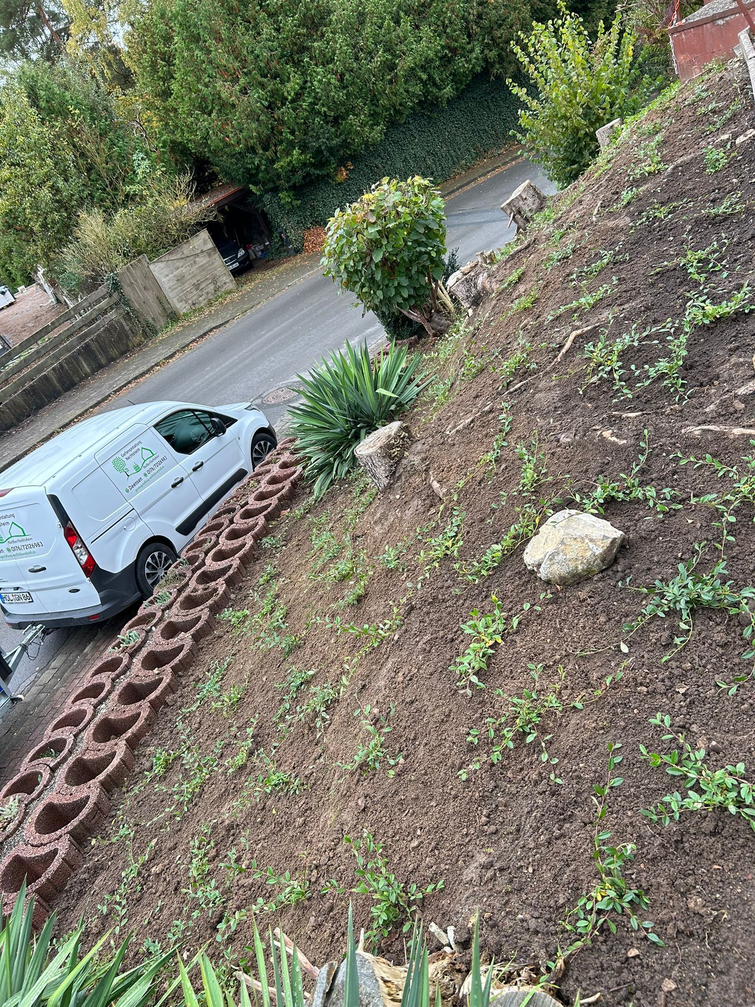 Ein weißer Lieferwagen ist an einem Hang geparkt.