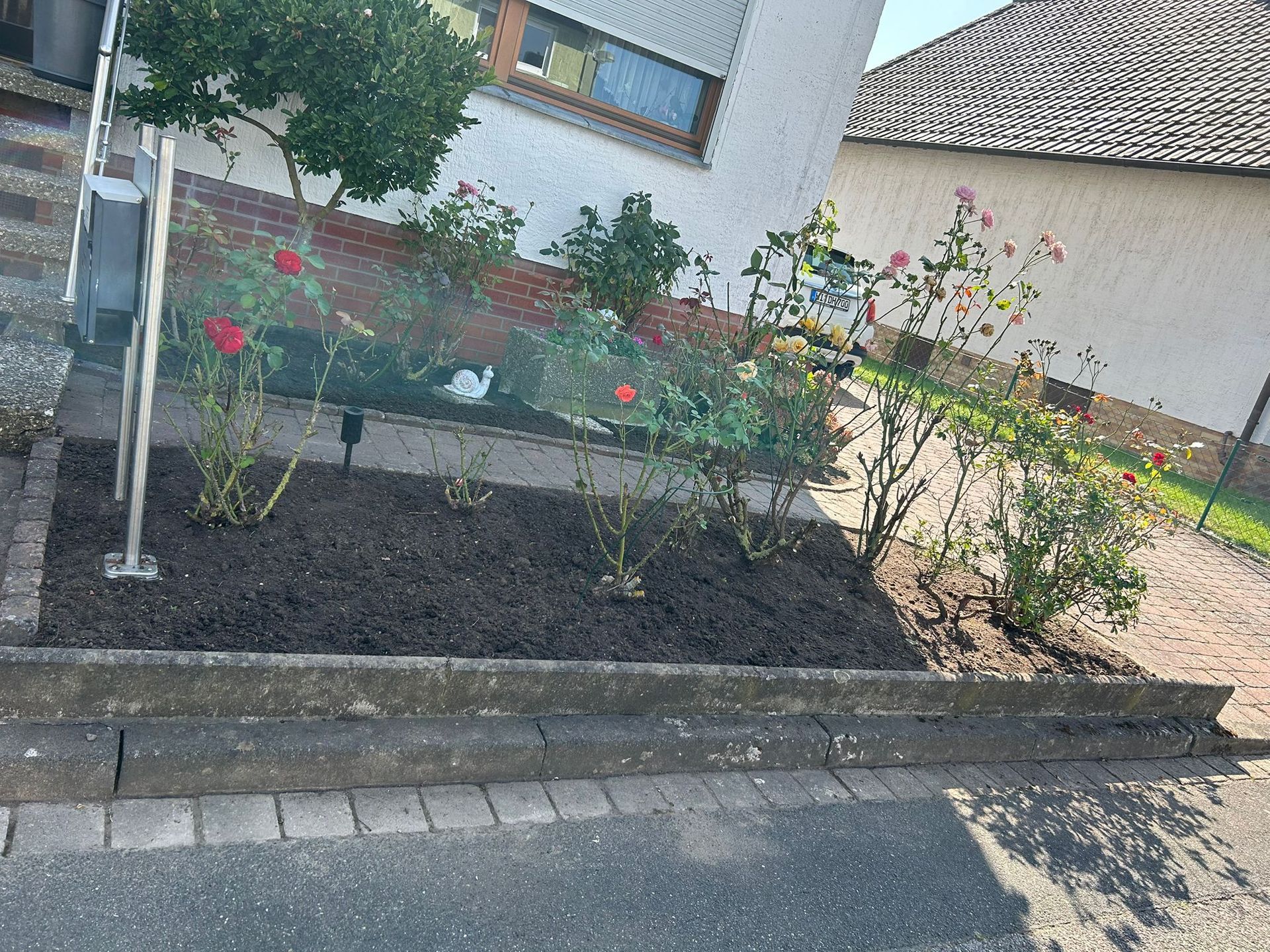 Ein Garten mit Blumen und Bäumen vor einem Haus.