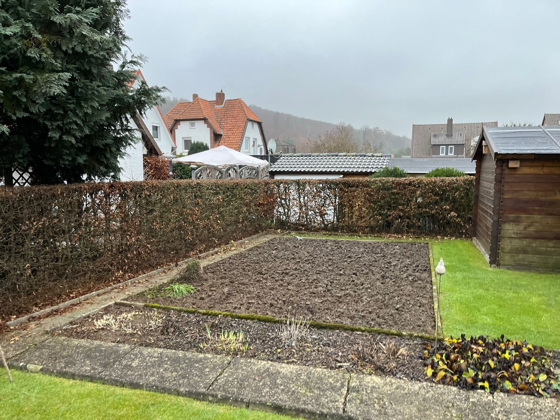 Ein Garten mit einem Holzschuppen im Hintergrund