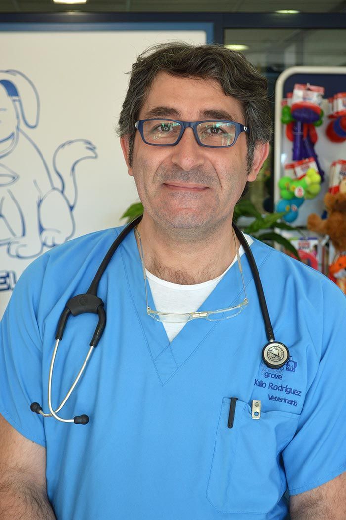 Un hombre que llevaba una blusa azul y un estetoscopio alrededor del cuello.