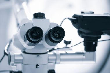 Un primer plano de un microscopio con una cámara acoplada.