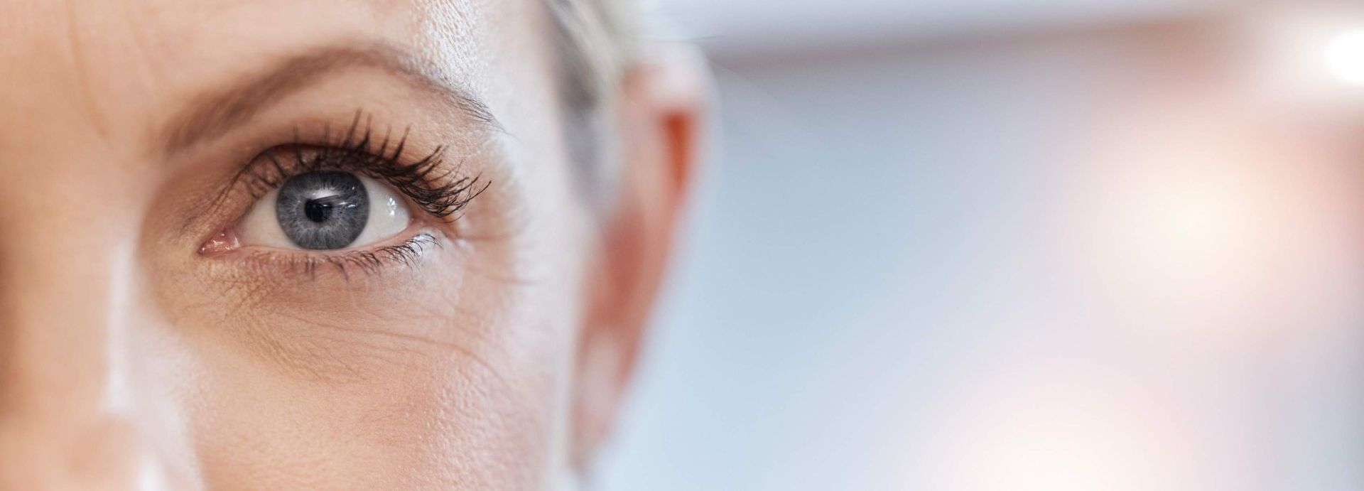 Un primer plano del ojo azul de una mujer.