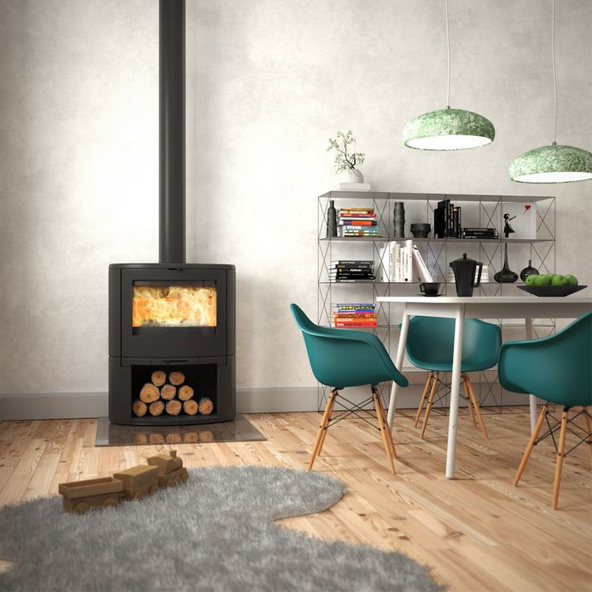 Cheminée avec table et chaises