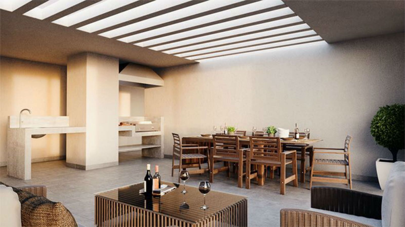 Modern outdoor patio with wooden dining table, chairs, lounge seating, and a pergola roof in soft neutral tones