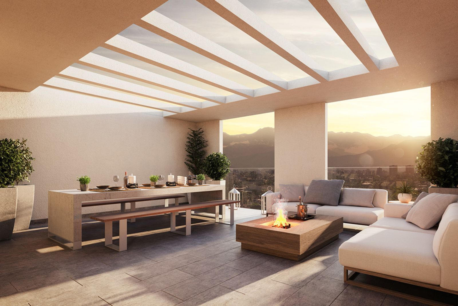 Sunlit modern rooftop patio with sectional sofa, dining table, plants, and city view at sunset