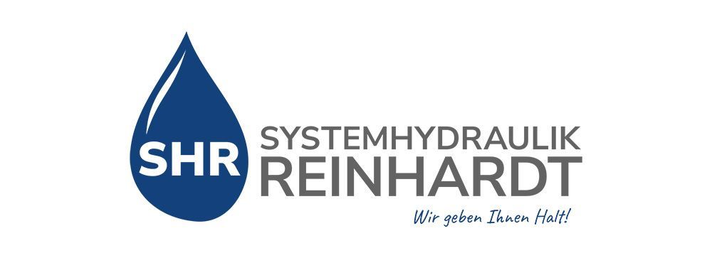 Firmenlogo mit SHR auf blauem Tropfen links, daneben Systemhydraulik Reinhardt