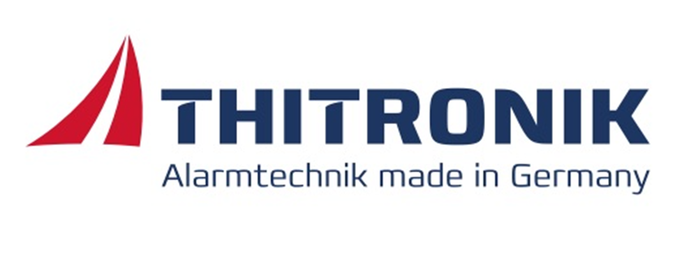 Logo von Thitronik, einem deutschen Unternehmen für Alarmtechnik. Mit segelförmigem Design und Text in Marineblau.